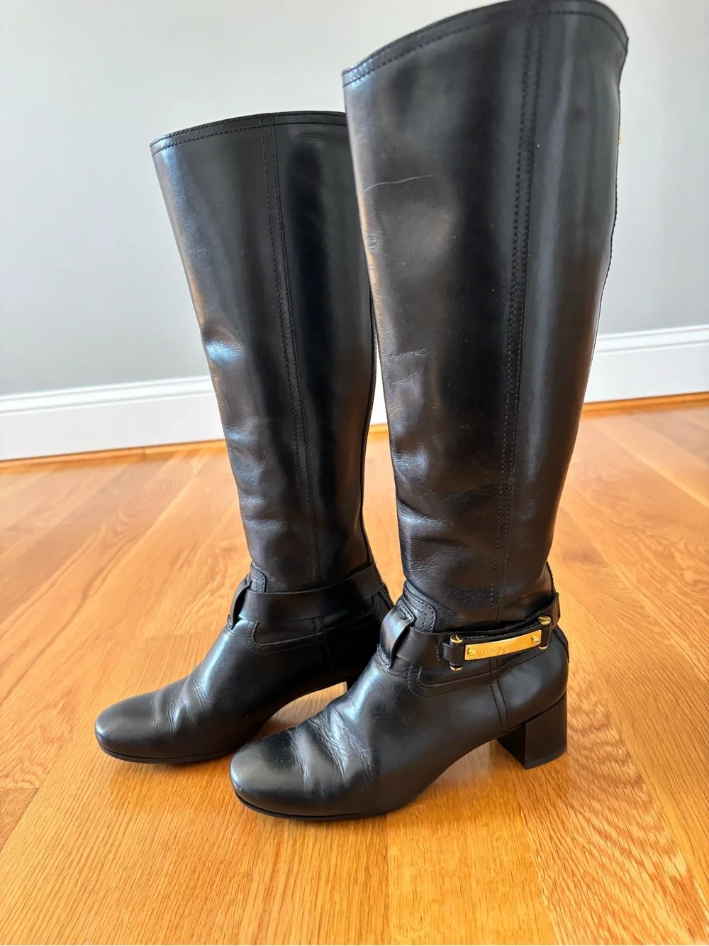 Tory Burch Women's Black Leather Mid-Heel Riding Boots